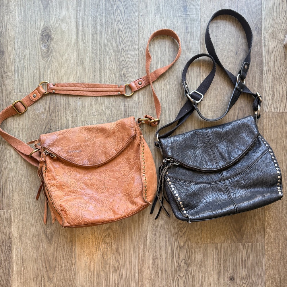 The Sak Leather Crossbody Bag Set Tan Embossed Floral & Black Studded 2pc